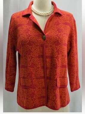 Chico’s Red Orange Geometric 3/4 Sleeve Cardigan with Single Button Size 3 (XL)